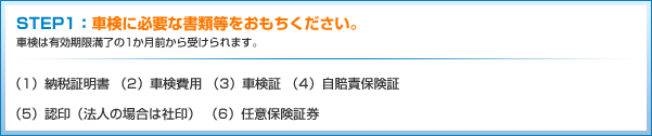 STEP1：車検に必要な書類等をおもちください。